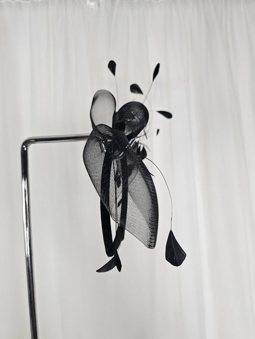 Black Fascinator Headpiece Headband Kentucky Derby Garden Party Mesh Feather